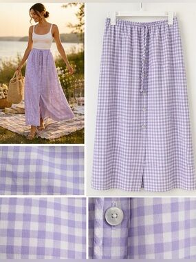 Lavender Gingham Maxi Skirt Small Cottagecore Button Front A-Line Elastic Waist